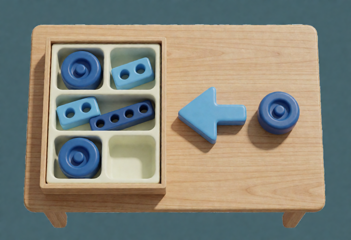 Ficha de la clase 1: una charola de madera con ruedas y bloques ordenados por hueco